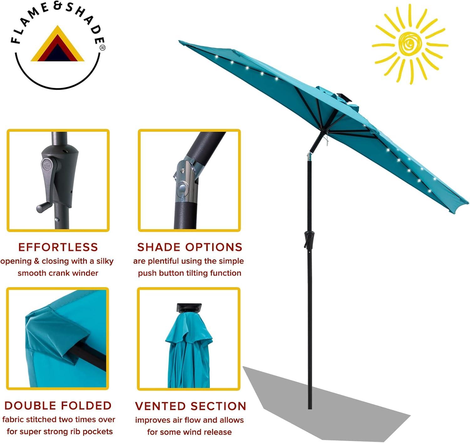 FLAME&SHADE 9 ft Half Round Solar Powered Outdoor Market Patio Table Umbrella for Wall Balcony with LED Lights and Tilt, Aqua Blue