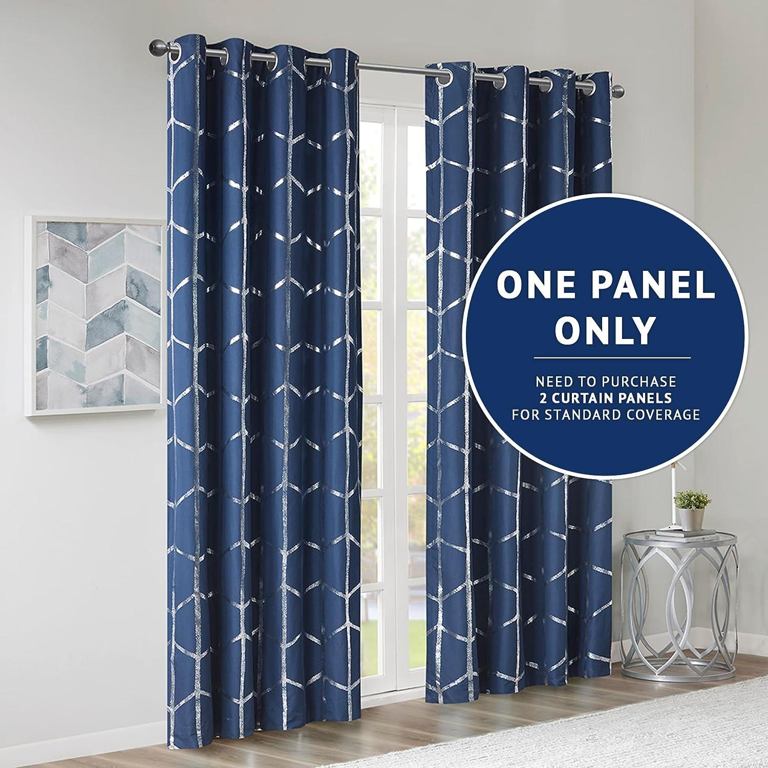 63"x50" Arielle Total Blackout Metallic Printed Curtain Panel Navy: Intelligent Design, Geometric Grommet Top, Energy Efficient