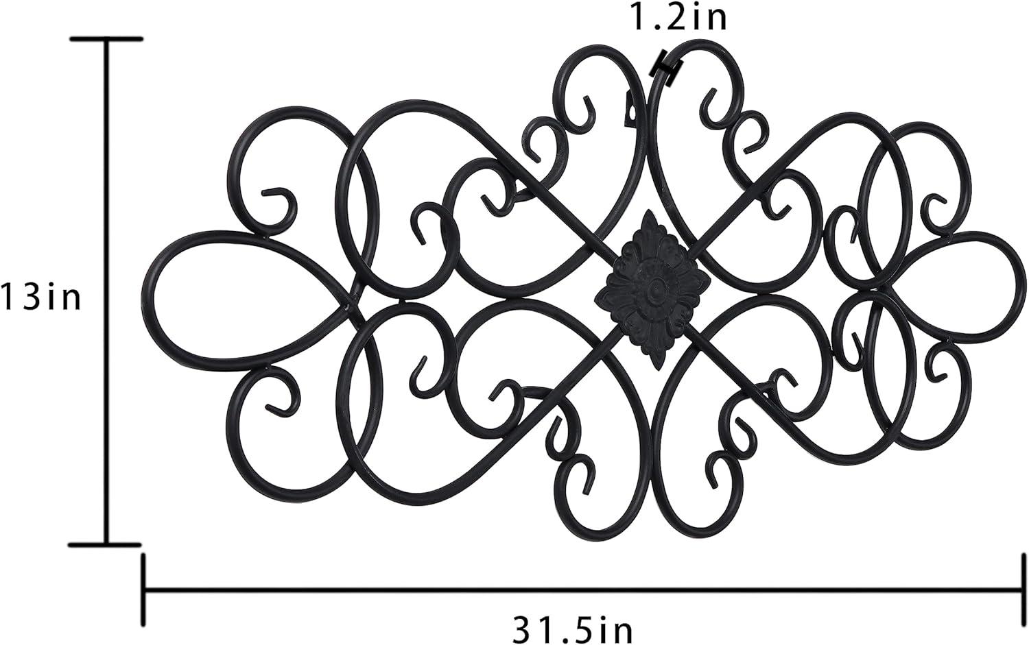 Sintosin Farmhouse Black Wrought Iron Wall Decor 32" x 13", Hanging Flower Plaque Scroll Metal Wall Art  Bedroom Home Decor