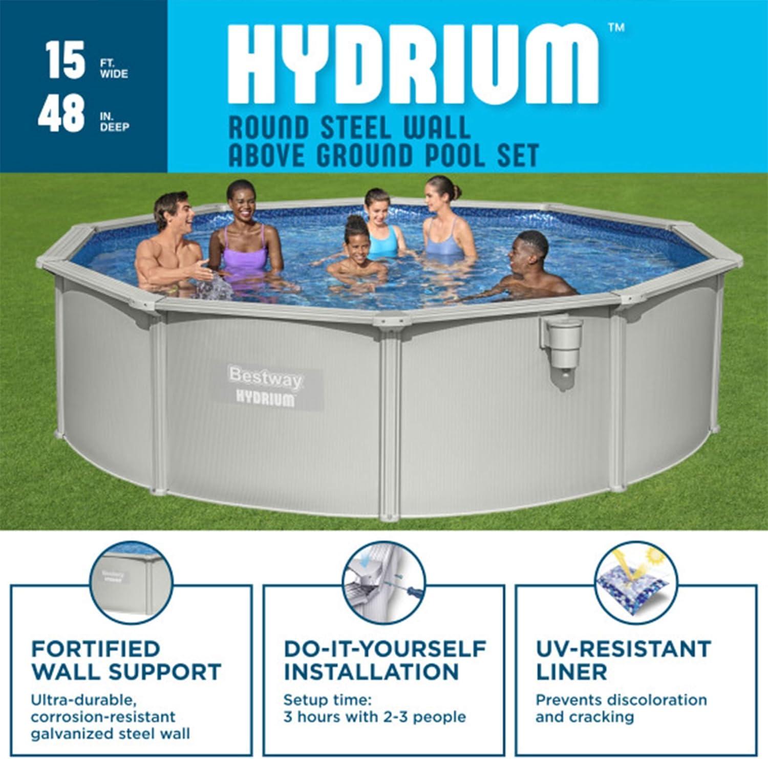 Gray 15' Round Steel Wall Above Ground Pool Set with Filter Pump