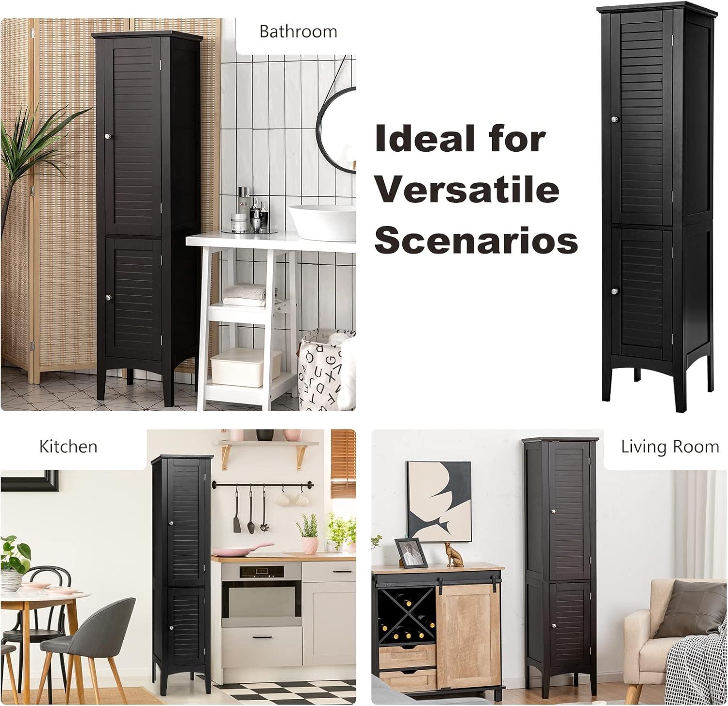 5 Tier Wooden Freestanding Tower Cabinet Tall Bathroom Storage Cabinet Black