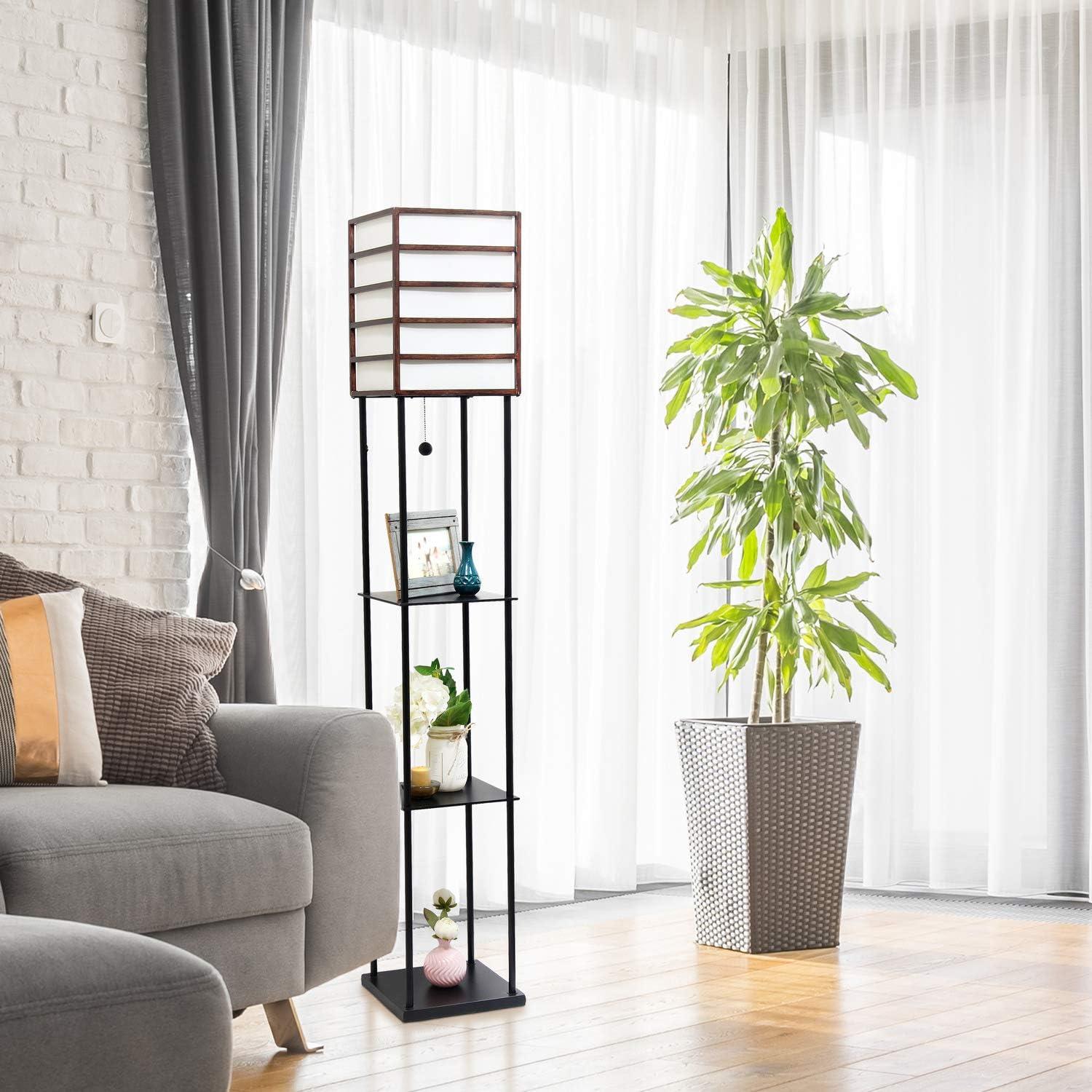 White Linen Shade Floor Lamp with Black Metal Shelves