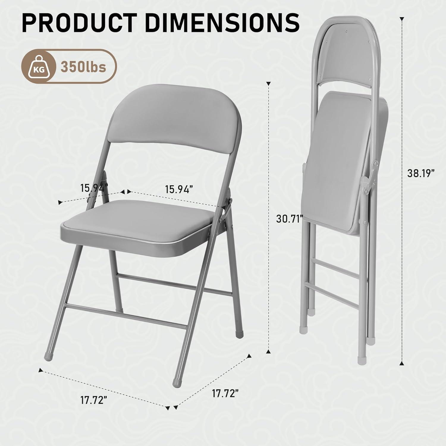 Folding Chairs with Padded Cushion and Back, 4pcs Potable Iron & PVC Durable Chairs for Indoor and Outdoor, School, Office and Garden Party, Gray