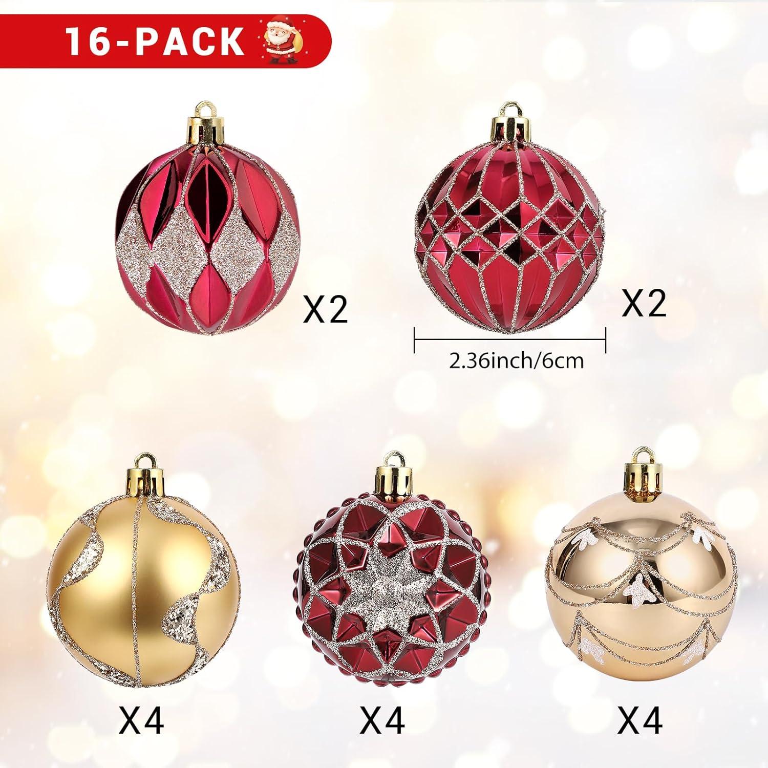 16 Pcs Christmas Ball Ornaments Set for Xmas Tree, 2.36" Red Gold Christmas Tree Ornaments, Shatterproof Plastic Hanging Holiday Balls for Home Decor Festive Christmas Party