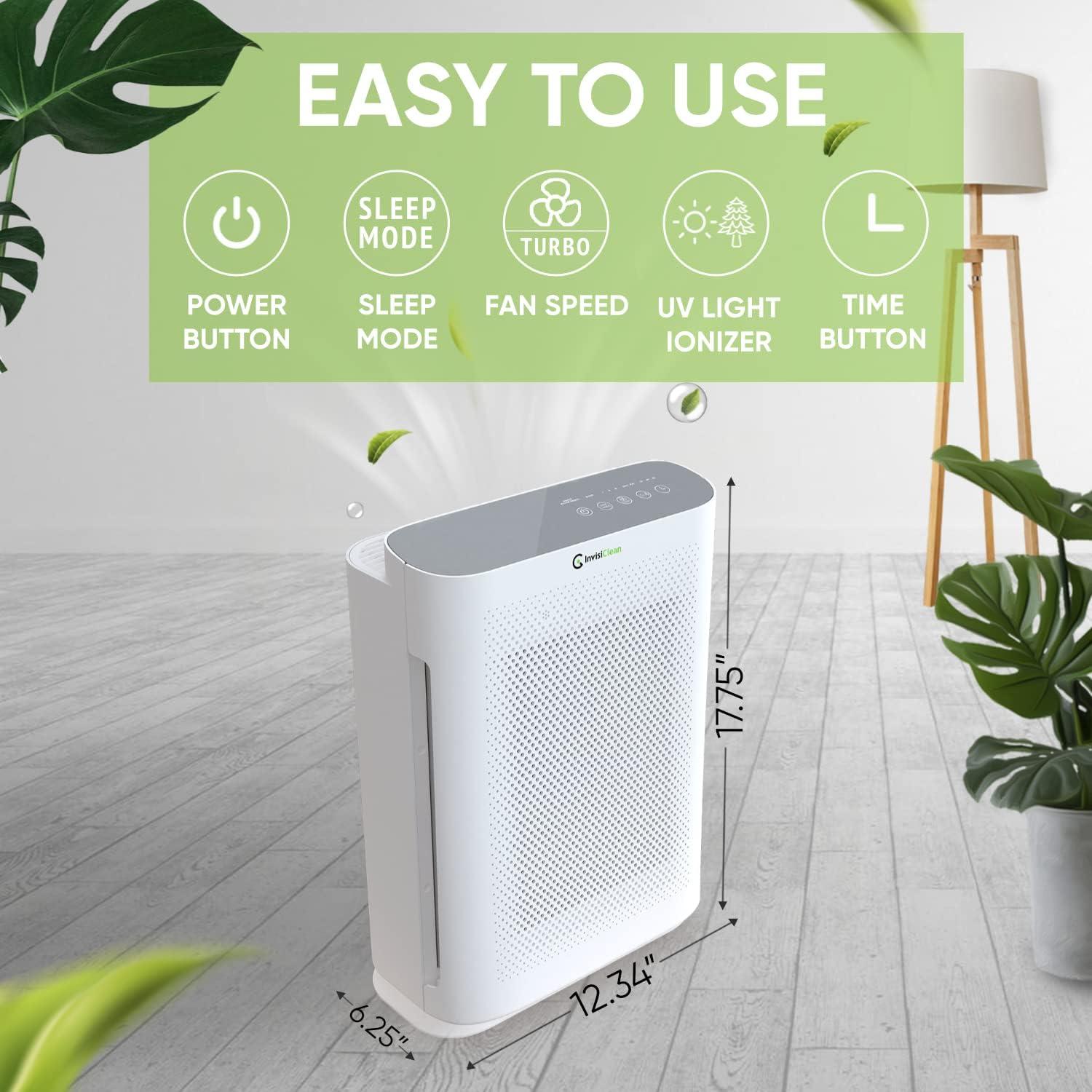 Air Purifier for Allergies and Asthma, Smoke Odors, Large Rooms, Home, Pets, Mold, Dust - 4-in-1 System with UV, Ionizer, True HEPA and Carbon - InvisiClean Aura II