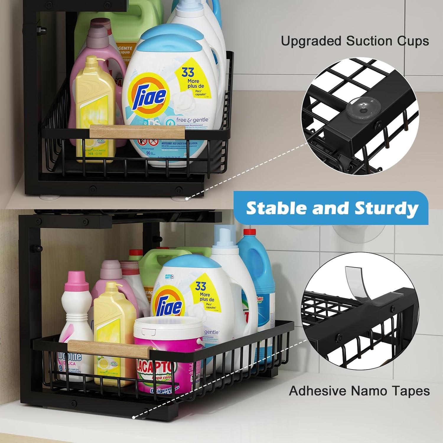 DELAMU 2 Pack Under Sink Organizers and Storage, Pull Out Trash Can Under Cabinet, 2 Tier Bin Organizer with Hooks and Haning Cups, Multi-Purpose Sliding Under Cabinet Organizer