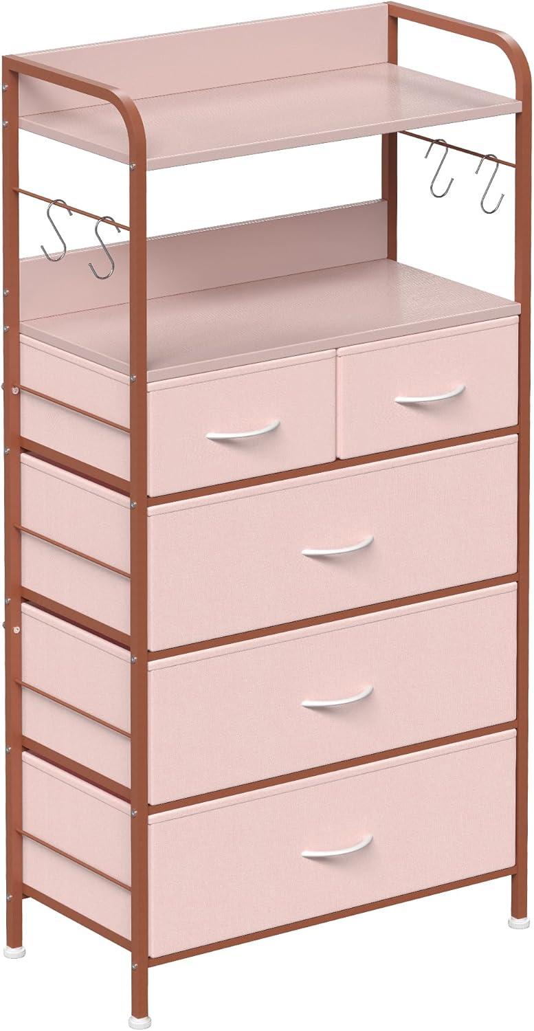 Pink Fabric and MDF Tall Dresser with Open Shelves