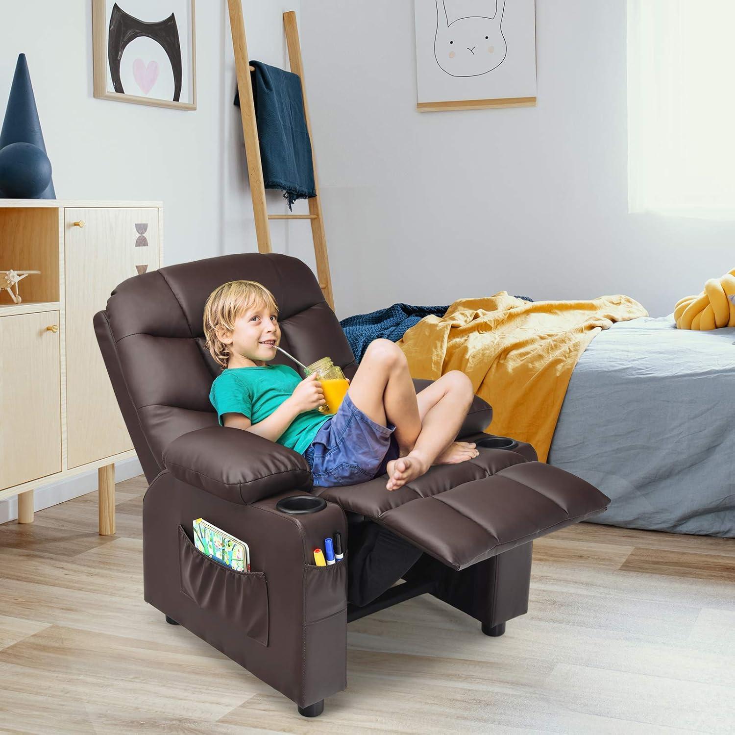 Brown Faux Leather Kids Recliner with Wood Frame