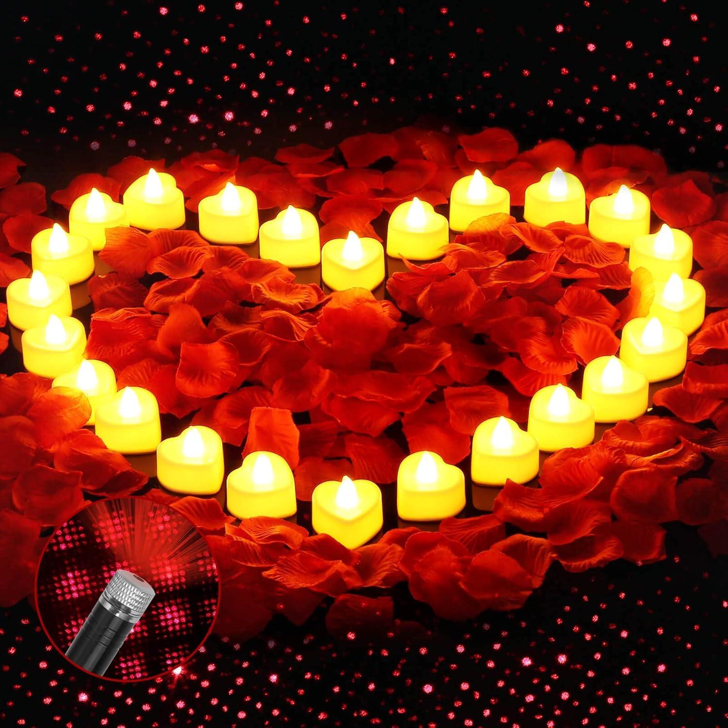 Red Flameless LED Tealights with Artificial Rose Petals Kit