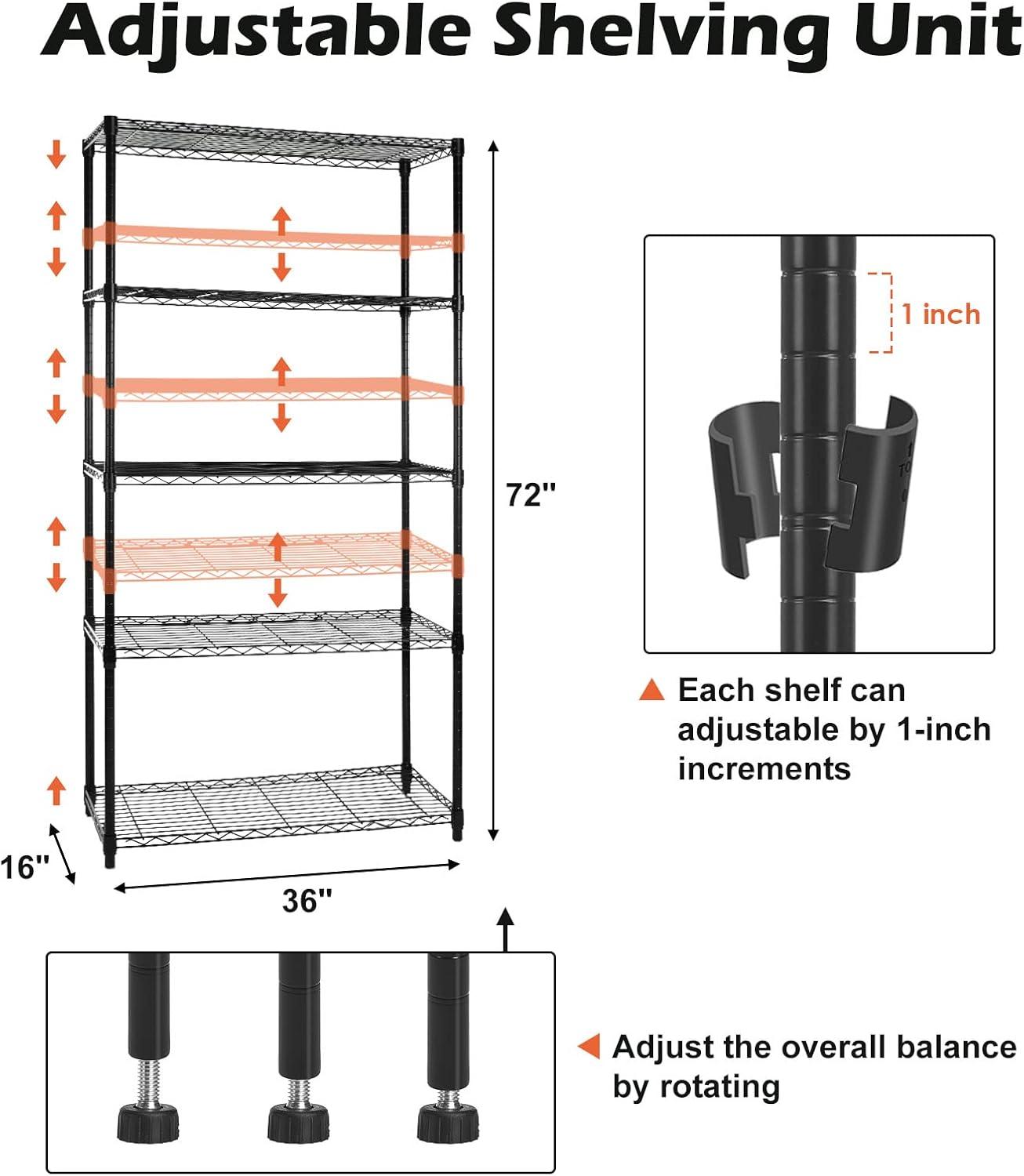 5 Tier NSF Metal Shelf Wire Shelving Unit, 60" H x 30" L x 14" D - 750lbs Capacity Heavy Duty Adjustable Storage Rack with Wheels & Shelf Liners for Closet Kitchen Garage Basement and More - Black