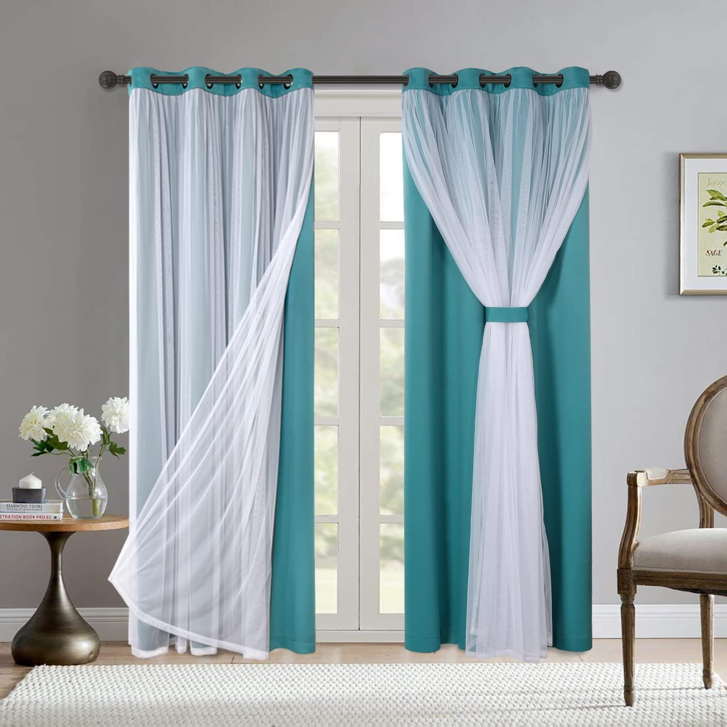 Set of 2 (63"x52") Caterina Layered Solid Blackout with Sheer Top Curtain Panels Blue Blue - Exclusive Home