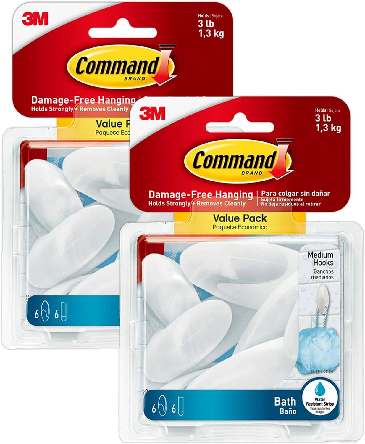 Command Medium Bath Hooks Value Pack, Plastic, White, 3 lb Capacity, 6 Hooks and 6 Strips (BATH186ES)