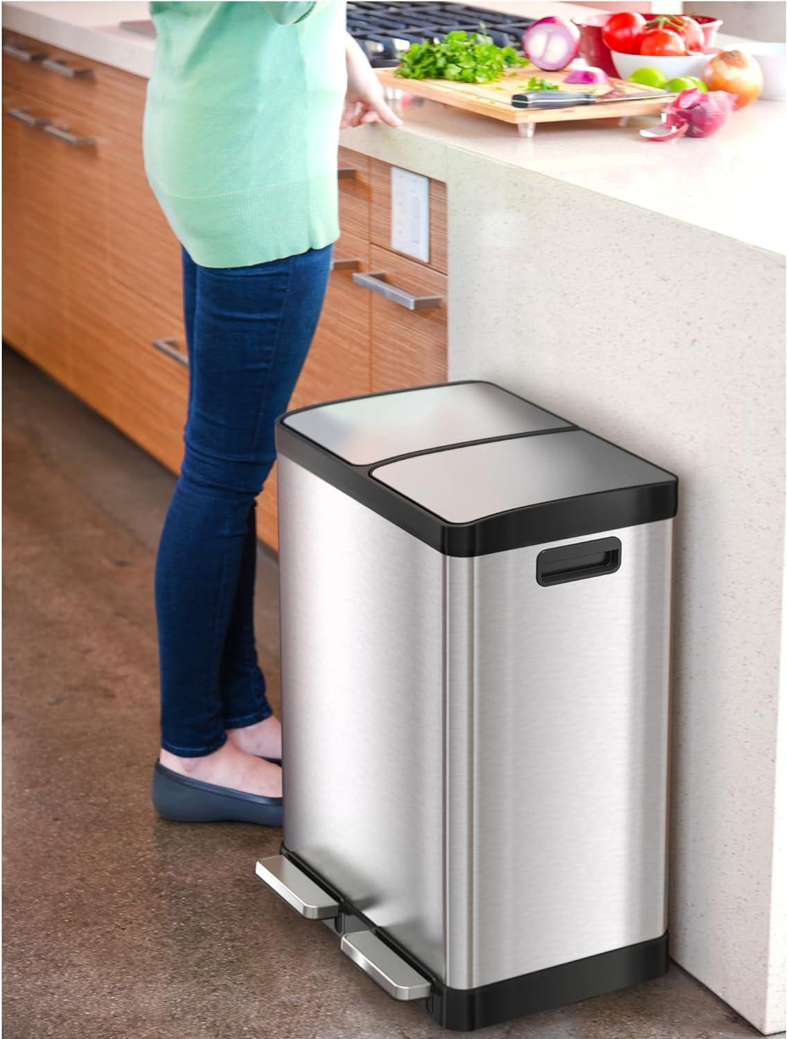 iTouchless Step Pedal Kitchen Trash Can and Recycle Bin Combo with AbsorbX Odor Filter and Removable Inner Buckets 16 Gallon Stainless Steel