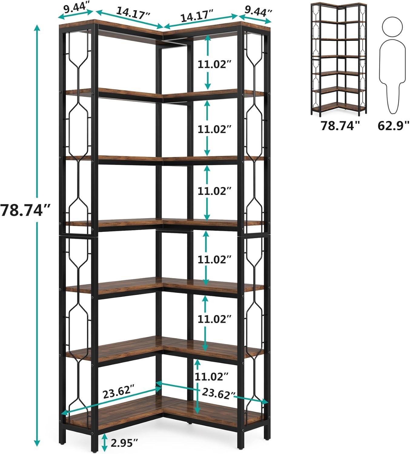Hommoo 7-Tier Industrial Corner Bookshelf Rustic Brown