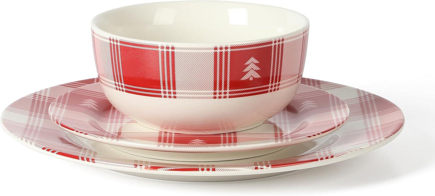 Martha Stewart Plaid 12-Piece Decorated Red and White Stoneware Dinnerware Set