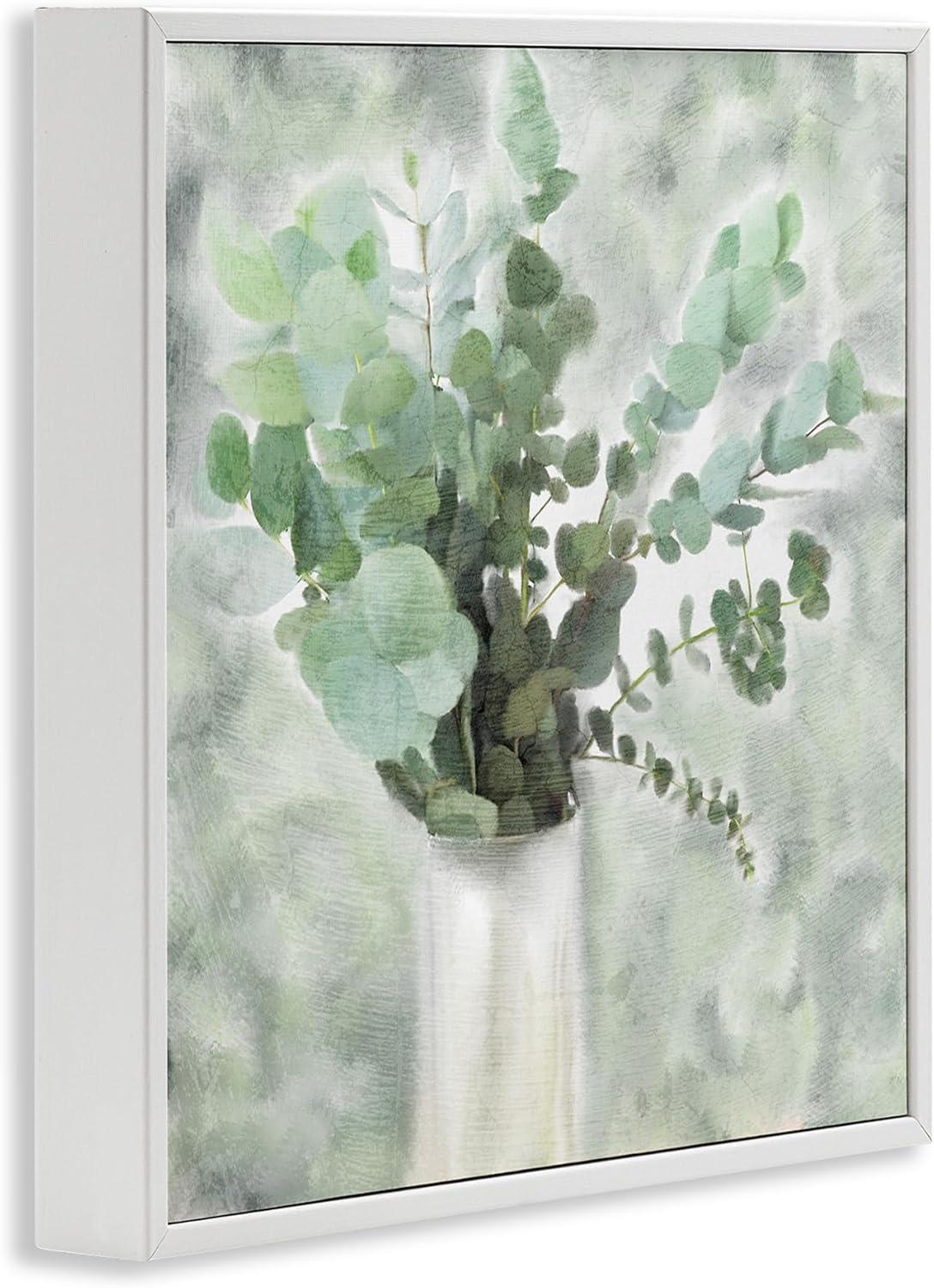 Sage Green Painterly Eucalyptus In White Vase Botanical & Floral Framed Art Print Wall Art, 17x17