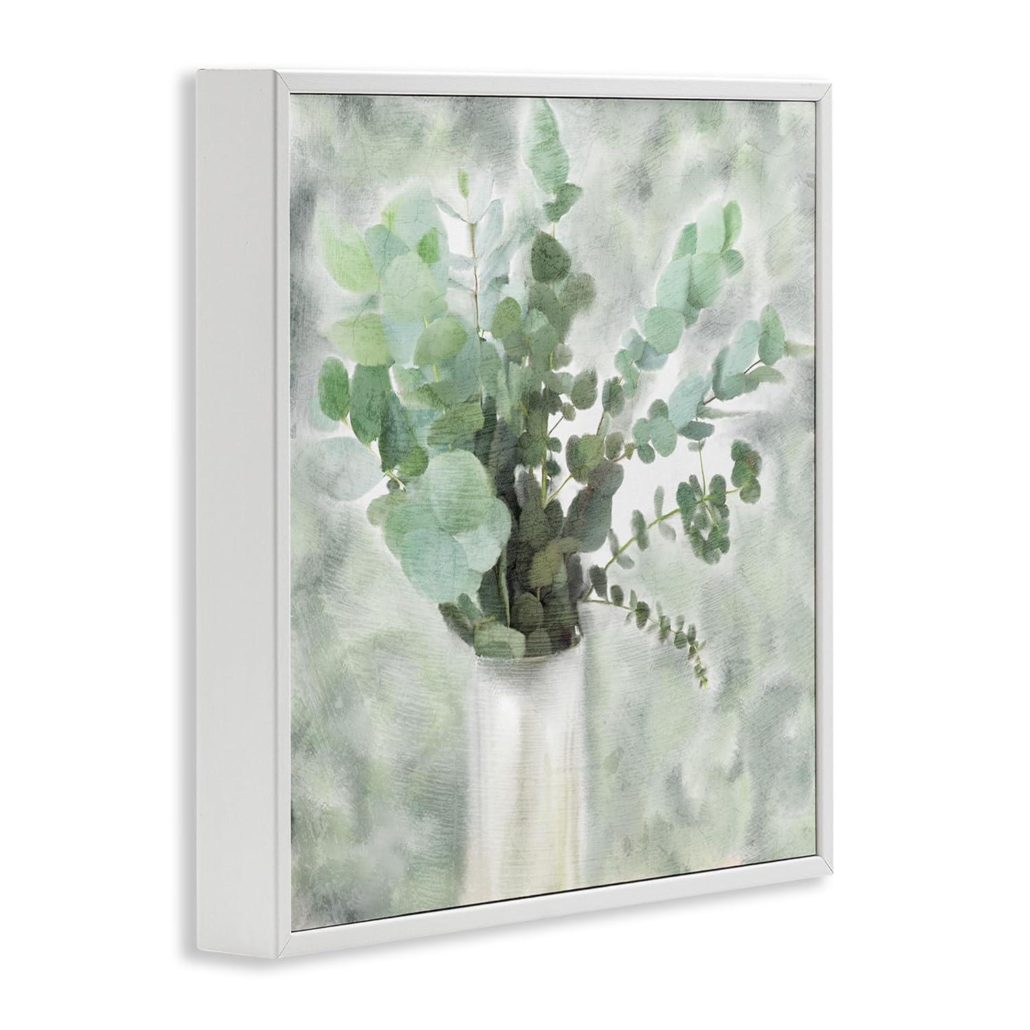 Sage Green Painterly Eucalyptus In White Vase Botanical & Floral Framed Art Print Wall Art, 17x17