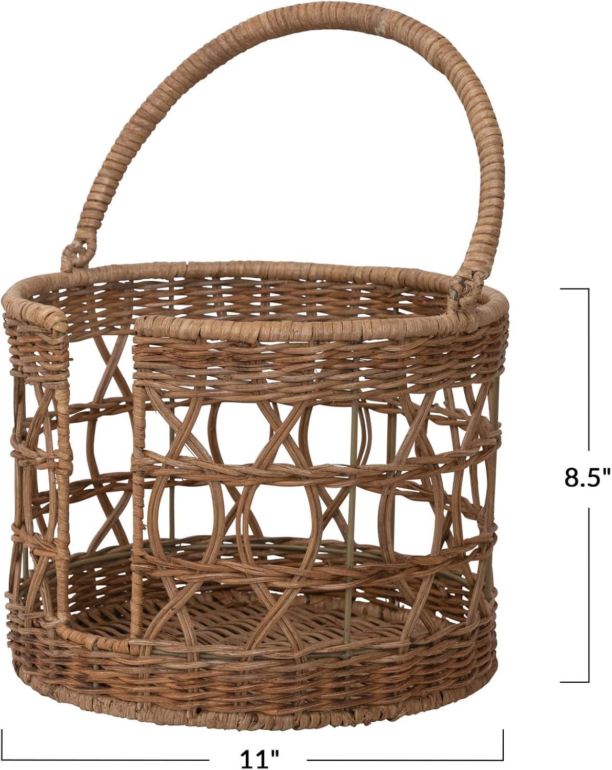 Natural Wicker Round Storage Basket with Wrapped Wood Handle