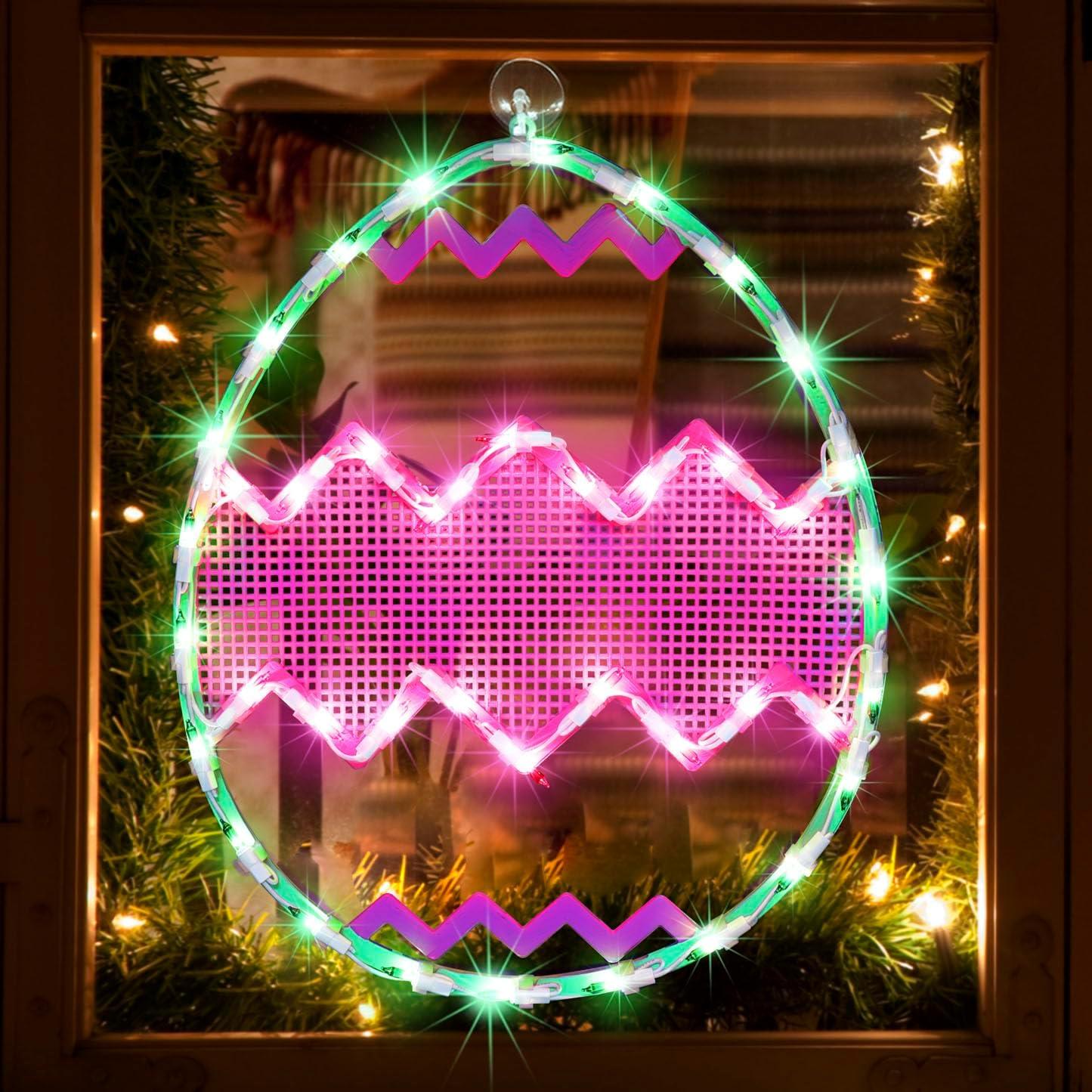 Northlight Lighted Chevron Stripe Easter Egg Window Decoration - 17" - Green and Pink