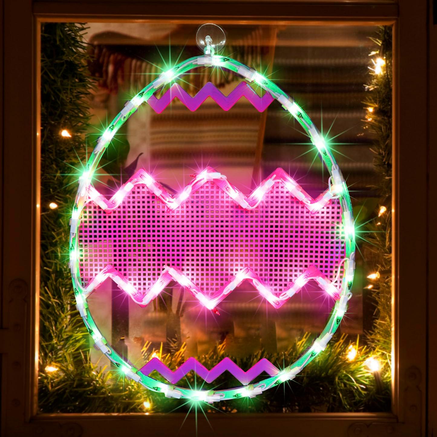 Northlight Lighted Chevron Stripe Easter Egg Window Decoration - 17" - Green and Pink