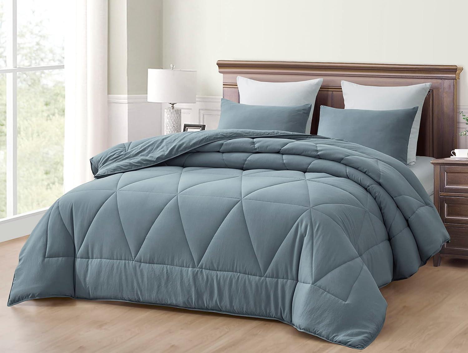 Full Dusty Blue Microfiber Triangle Quilted Comforter Set