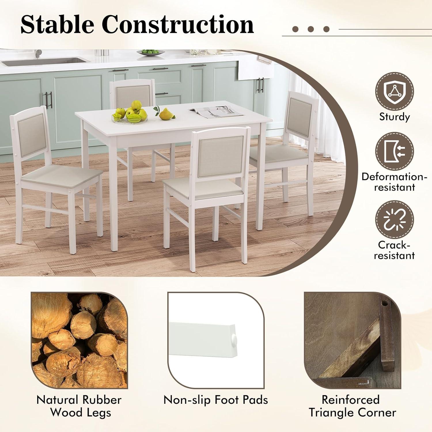 Tangkula Dining Table Set for 4, Farmhouse Solid Wood Dinette Set w/Rubber Wood Legs, Upholstered Seat & Padded Backrest, Mid-Century Modern Dining Table and Chairs Set for Kitchen, Dining Room