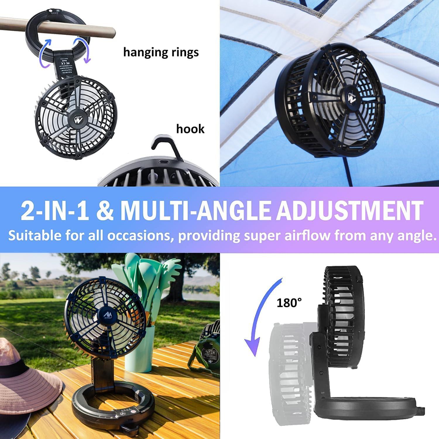 ayamaya Camping Fan, 20000mAh Rechargeable Tent Fan with Light, Remote, 9 Speeds Battery Powered Fans with Digital Display, Timer, Auto Oscillation & Hook for Camping, Outdoors