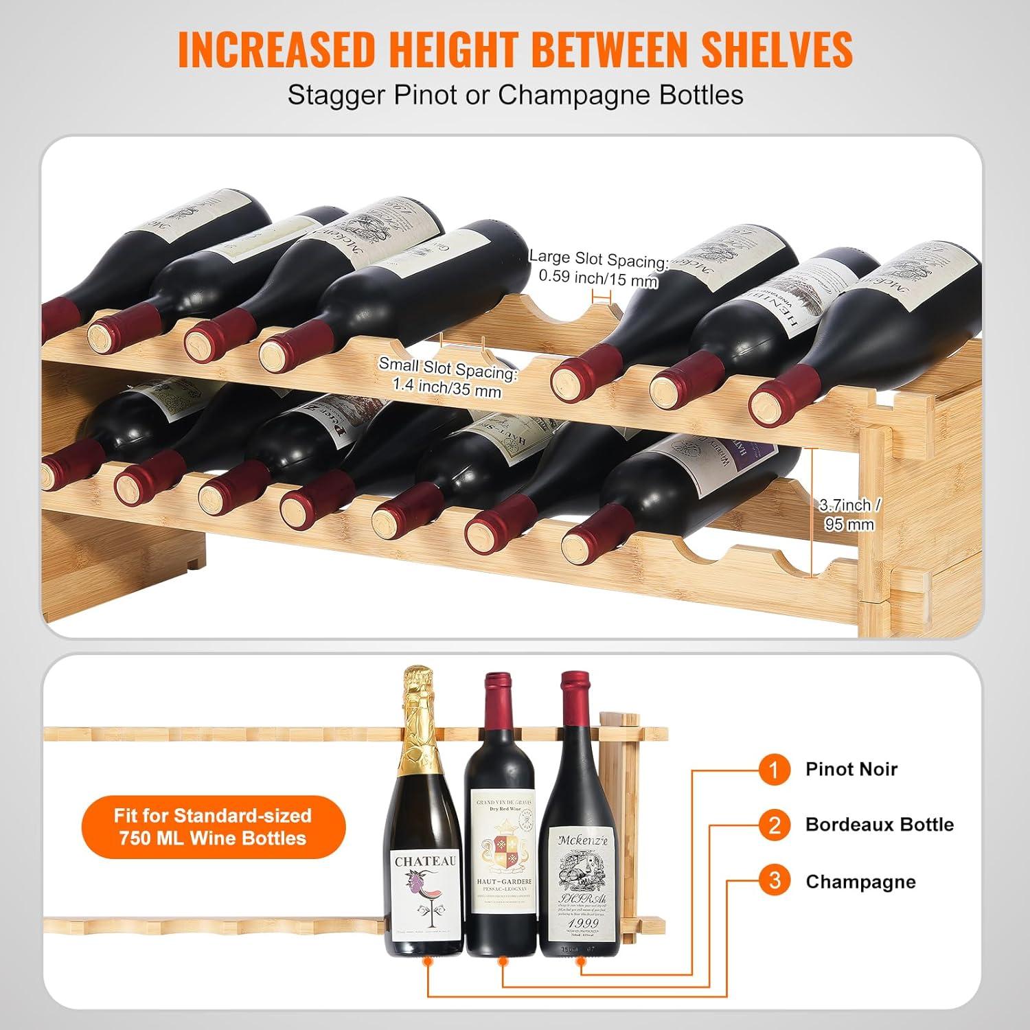 VEVOR 18-Bottle Stackable Modular Wine Rack, 2-Tier Bamboo Wood Display Shelf