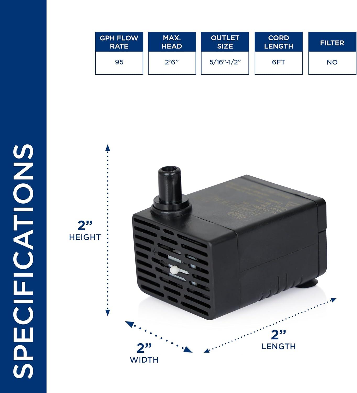 Alpine Corporation Submersible 95 GPH Fountain Pump with 5W Halogen Light for Outdoor Fountains, Birdbaths, Ponds, and Garden Water Features
