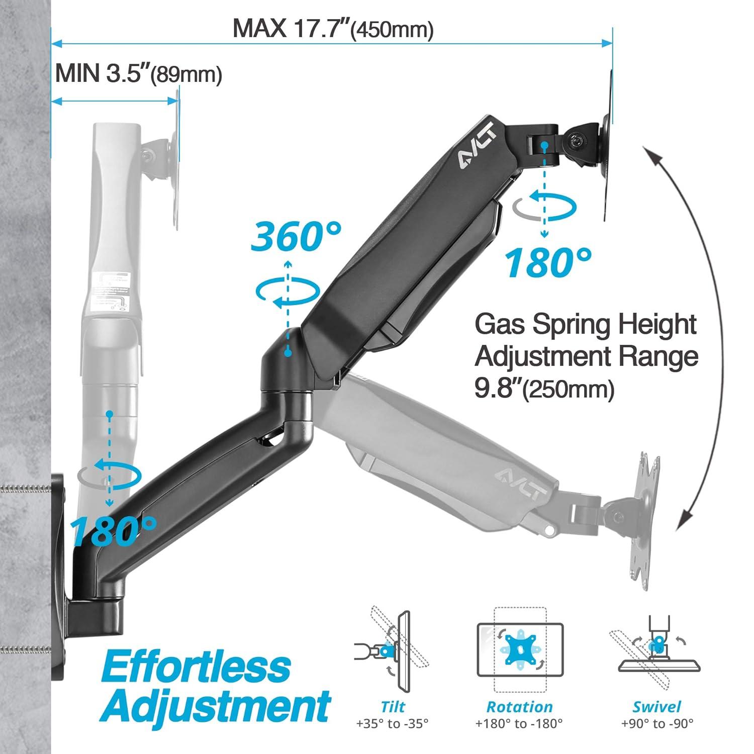 AVLT Dual 17"-32" Monitor Wall Mount - Fits Two 19.8 lbs Flat/Curved Monitors - Full Motion Height Swivel Tilt Rotation Adjustable Arm - VESA/Cable Management