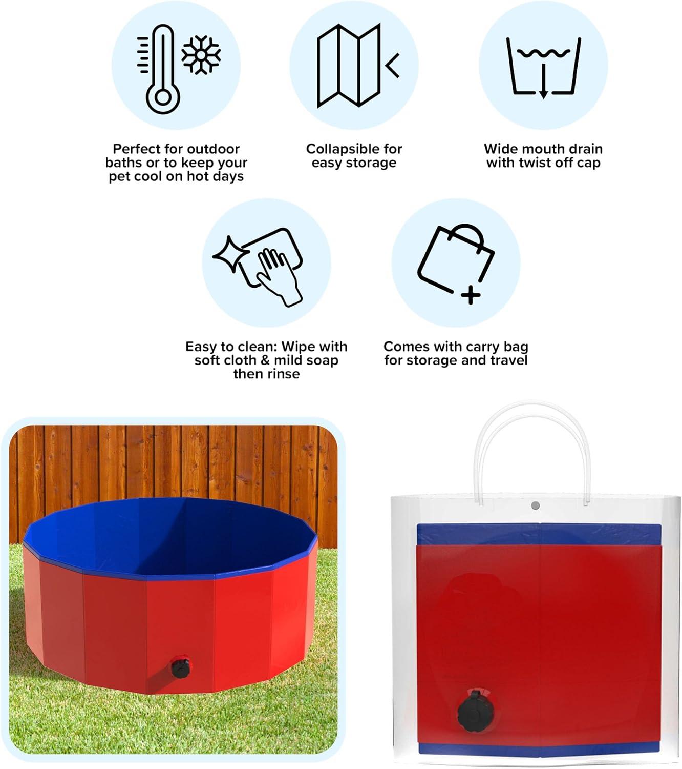 Dog Pool - Portable, Foldable 30.5-Inch Doggie Pool with Drain and Carry Bag - Pet Swimming Pool for Bathing or Play by PETMAKER (Red)