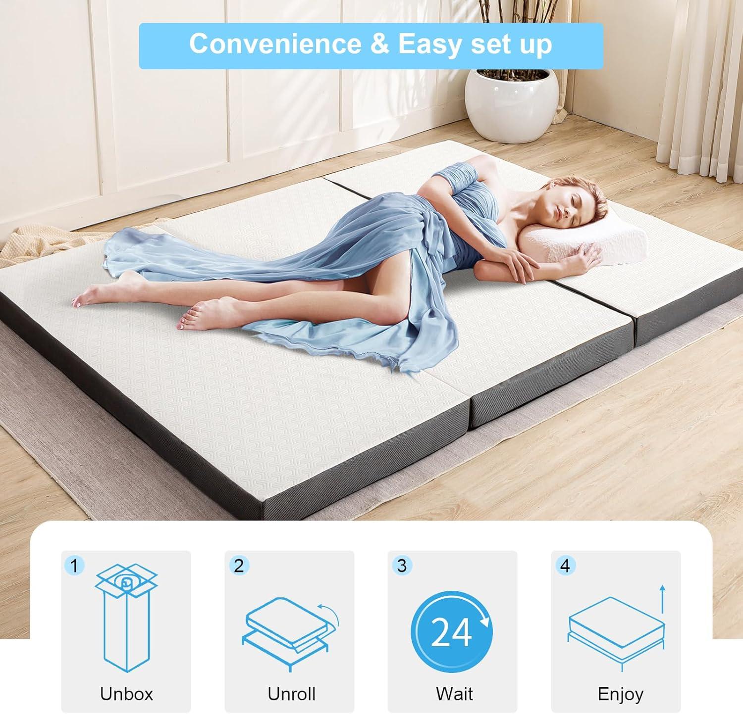 Foldable Gel Memory Foam Mattress with Bamboo Fiber Cover, 75" x 25" x 4"