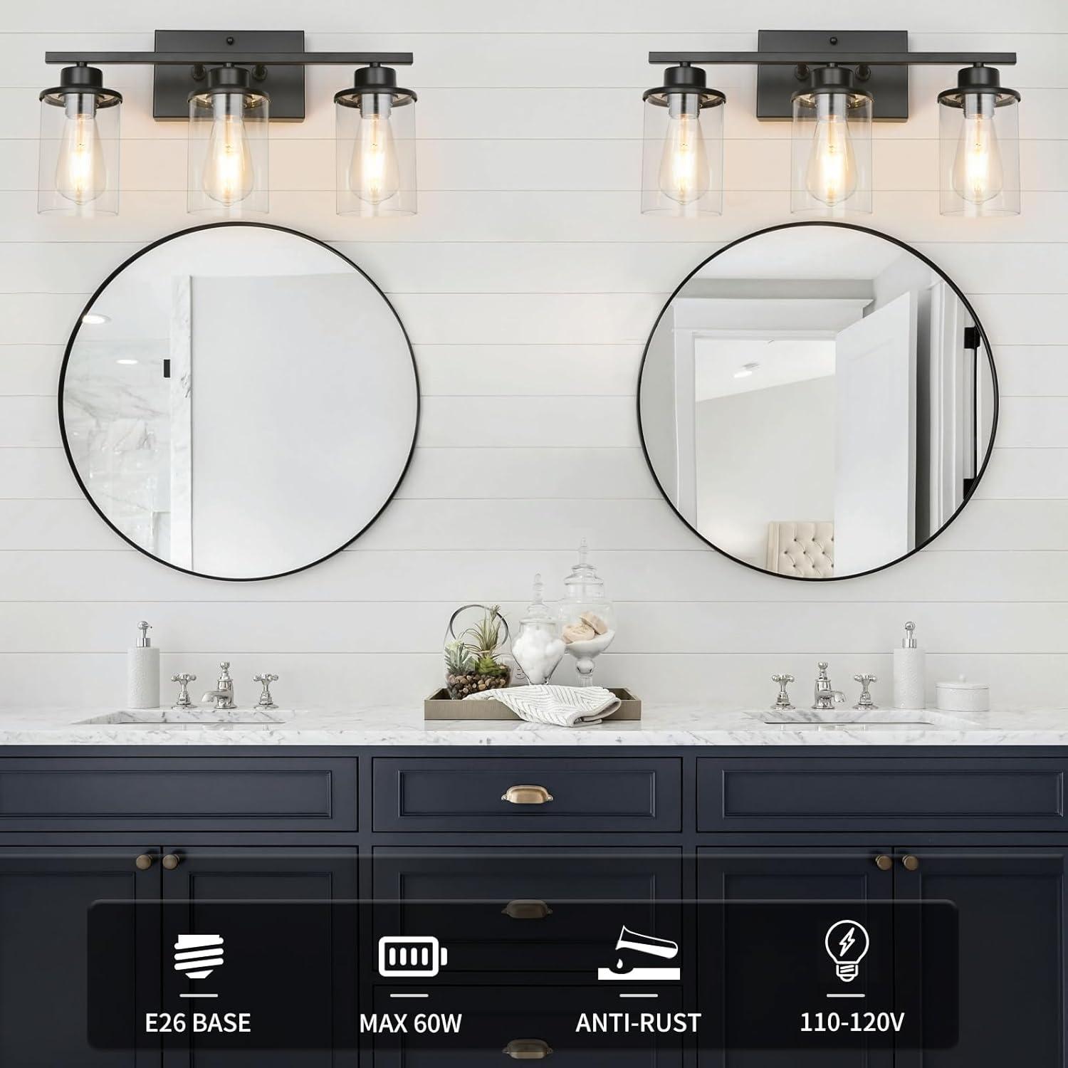 Modern Black Vanity Light with Clear Glass Shades