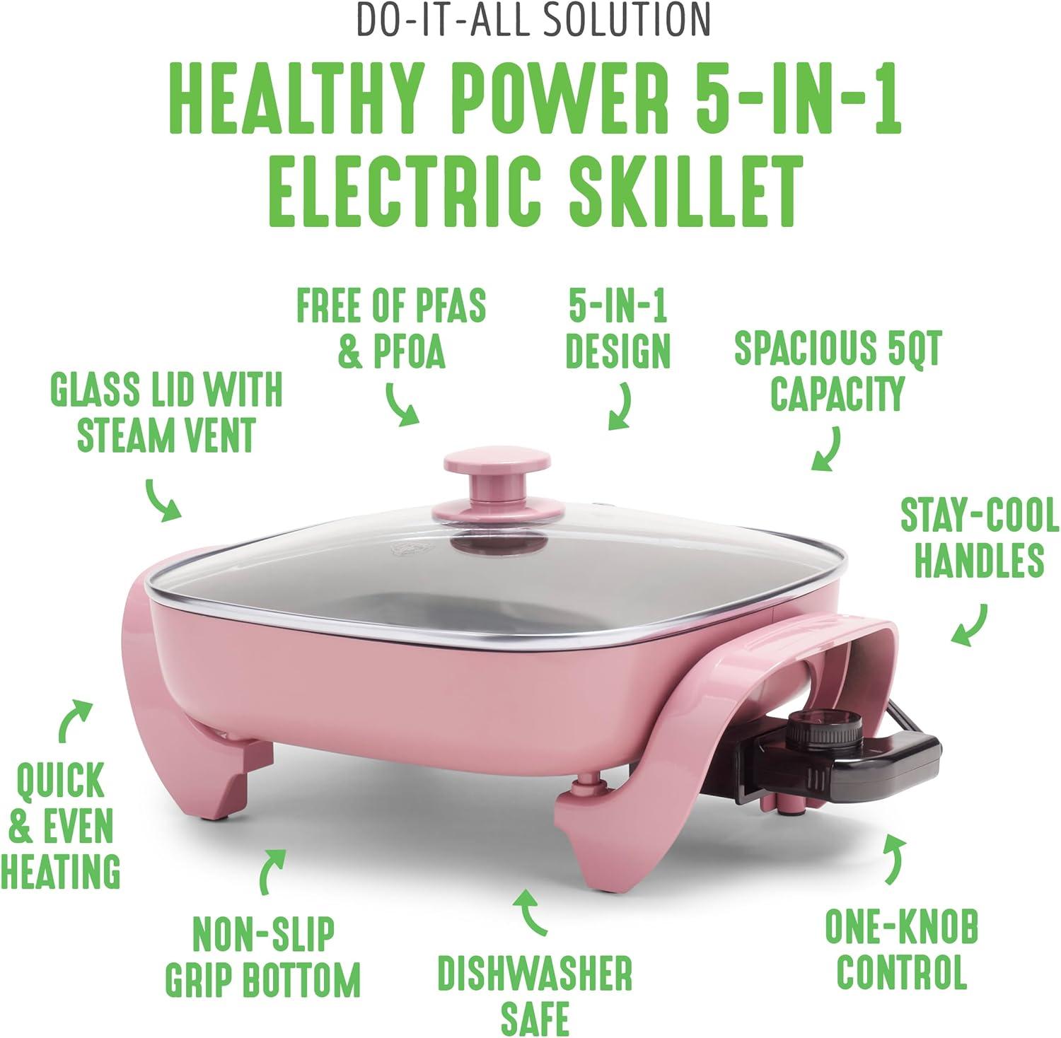 Pink Ceramic Nonstick Electric Skillet with Glass Lid