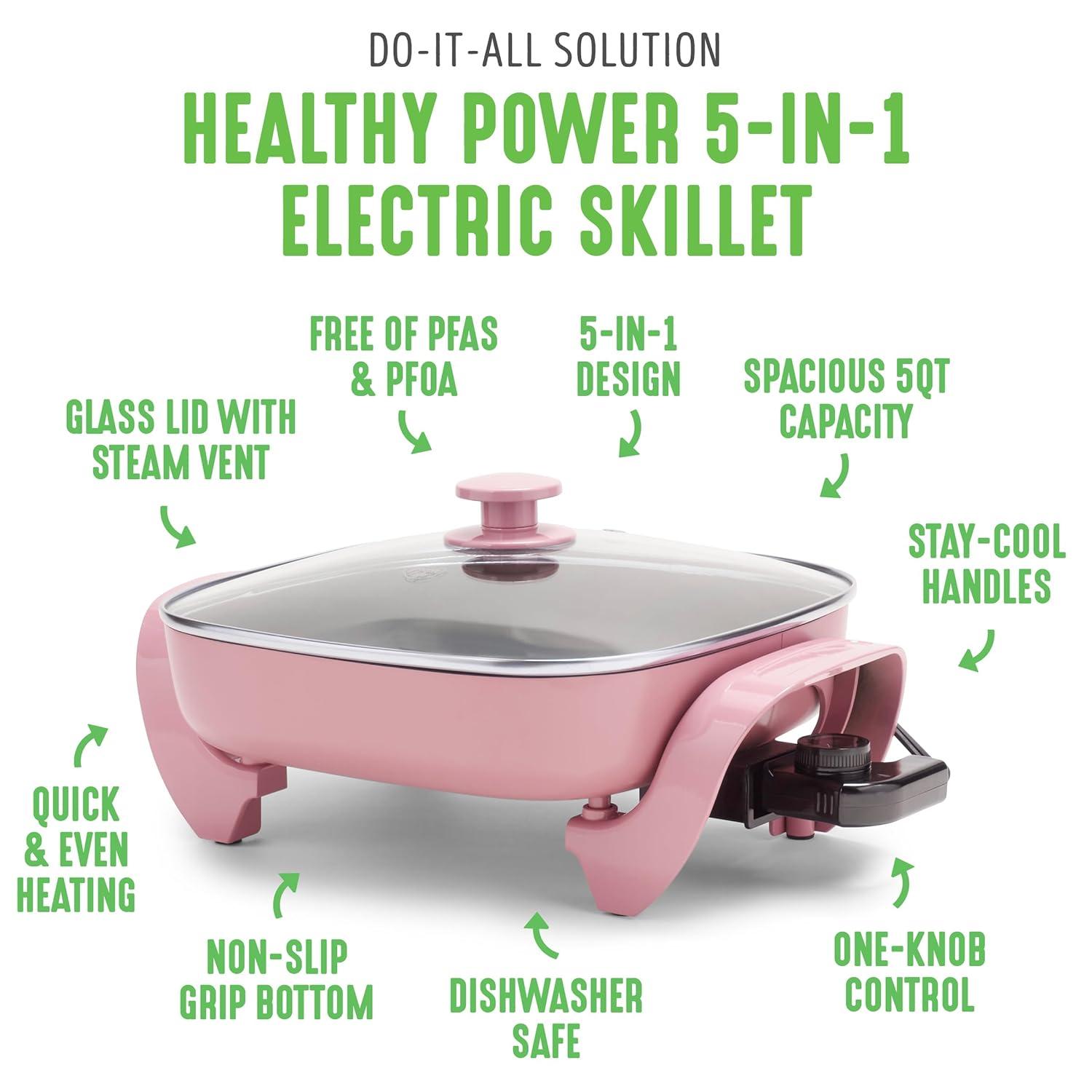 Pink Ceramic Nonstick Electric Skillet with Glass Lid