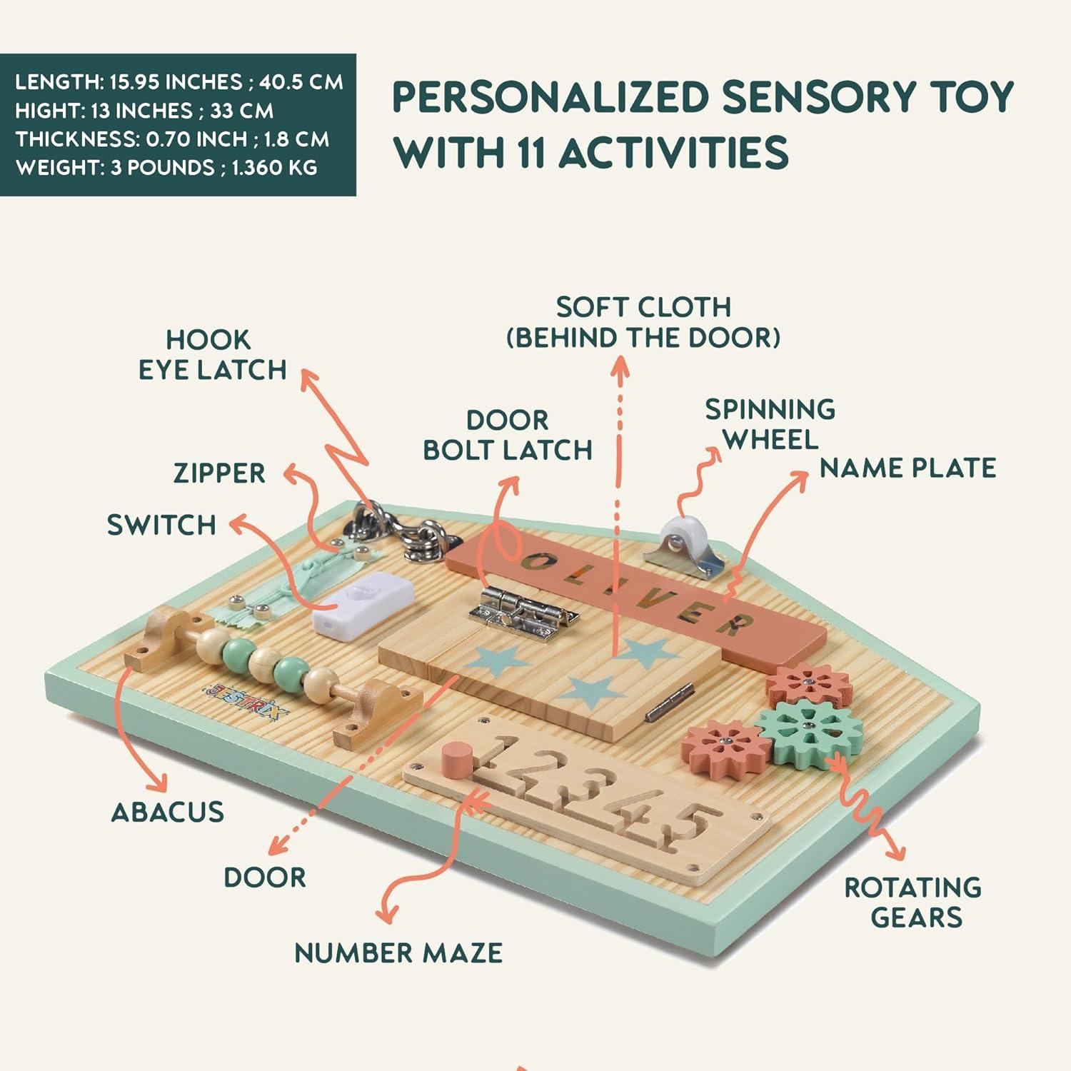 HomeSkill Wall & Travel Busy Board Panel – Can Be Personalized – Sensory Toy with 11 Activities – Solid Wooden Activity Board to Promote Early Childhood Development – Perfect for Toddler Playrooms