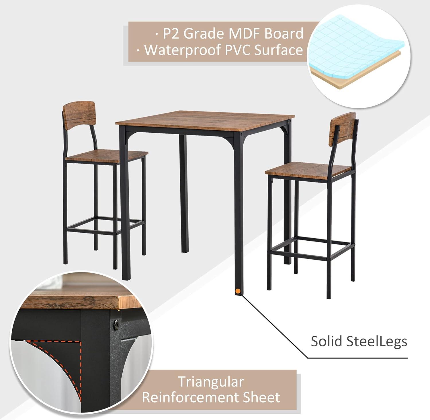 HOMCOM 3 Piece Industrial Counter Height Dining Table Set, Bar Table & Chairs with Steel Legs & Footrests