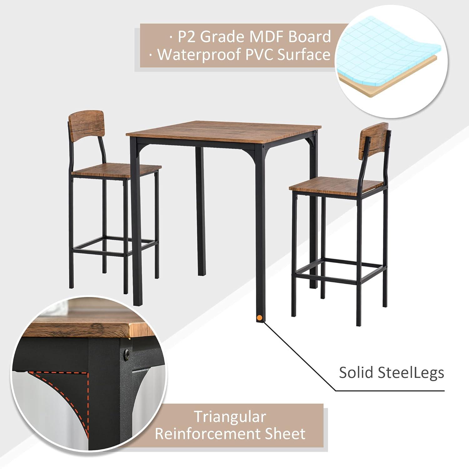 17 Stories 3 Piece Square Industrial Small Dining Table Set, Bar Table and Chairs Set, Rustic Brown and Black