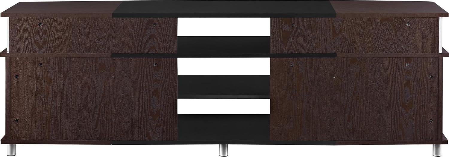 Ameriwood Home Carson TV Stand fits up to 70" with Multiple Open Shelves, Cherry and Black