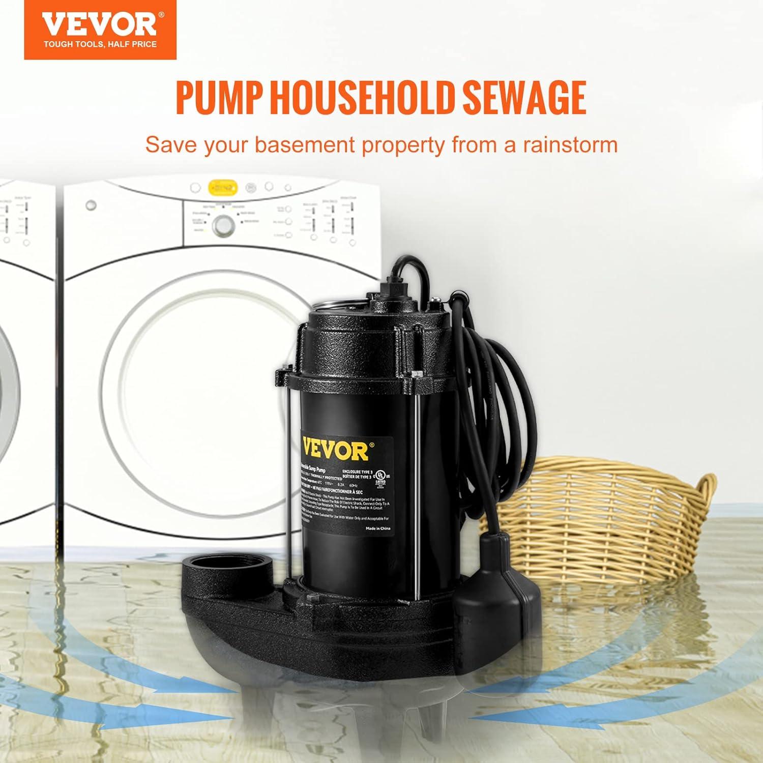 VEVOR 3/4 HP Black Cast Iron Submersible Sewage Pump with Float Switch