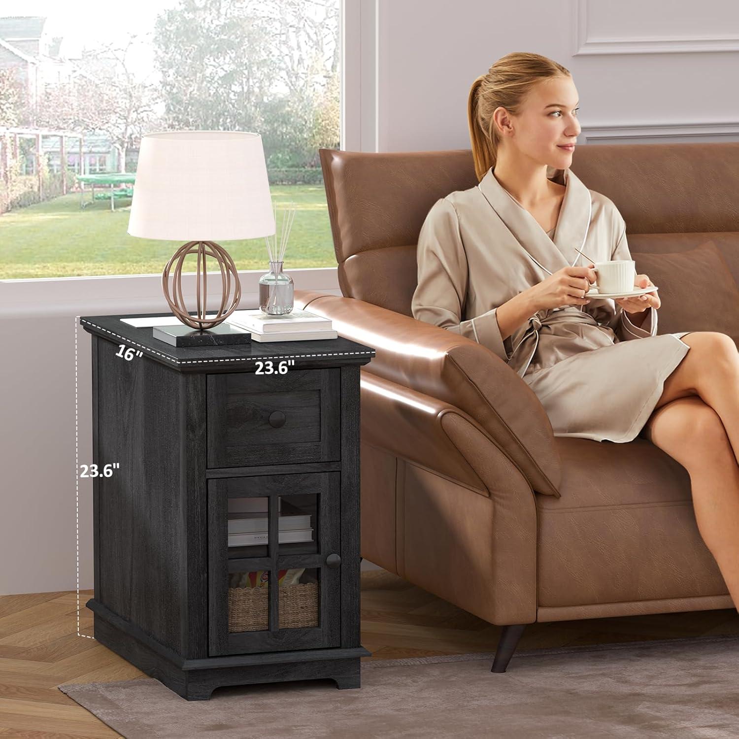 Blackgray Wood and Metal End Table with Charging Station and Storage