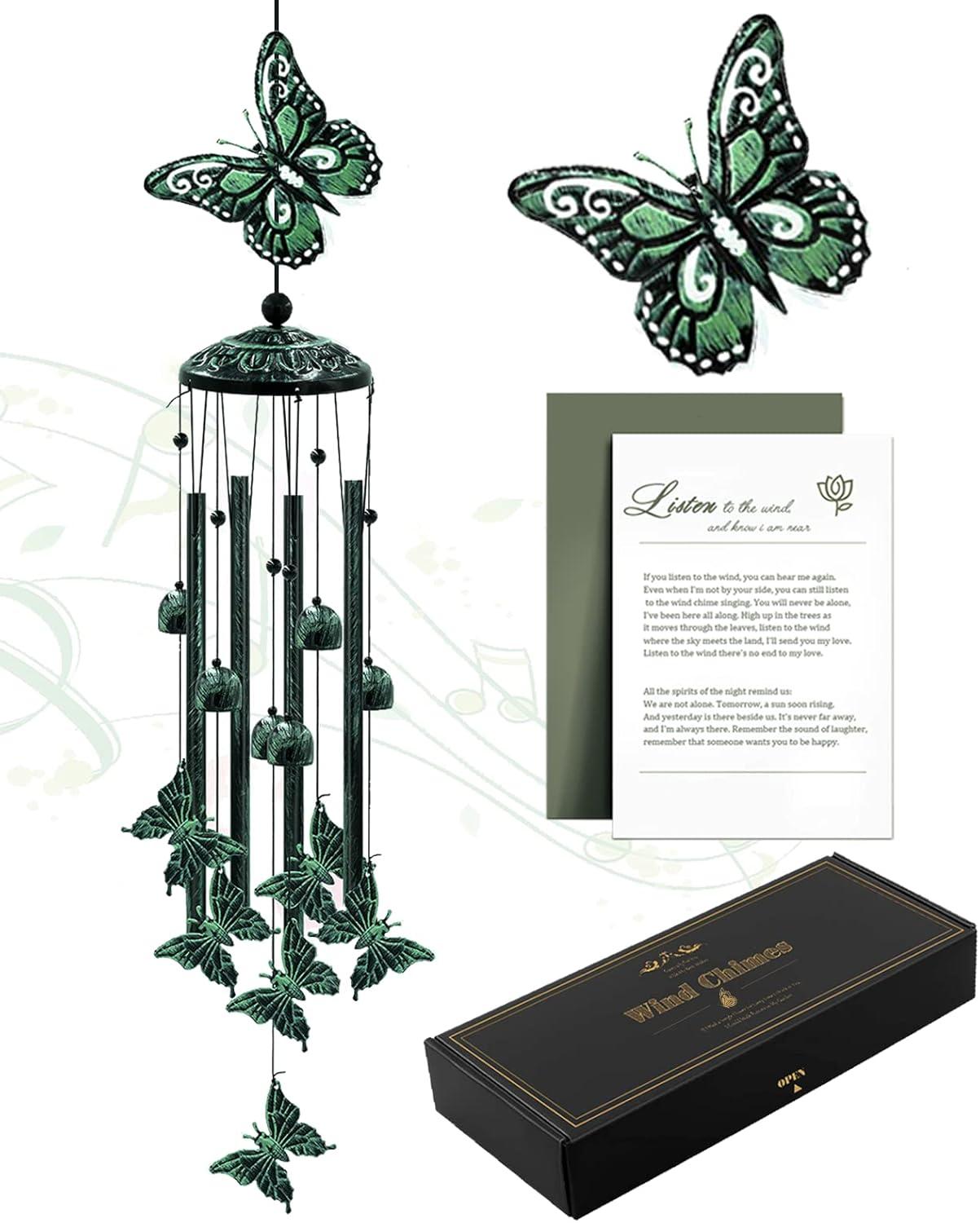 33" Dark Green Aluminum Butterfly Wind Chimes with Bells