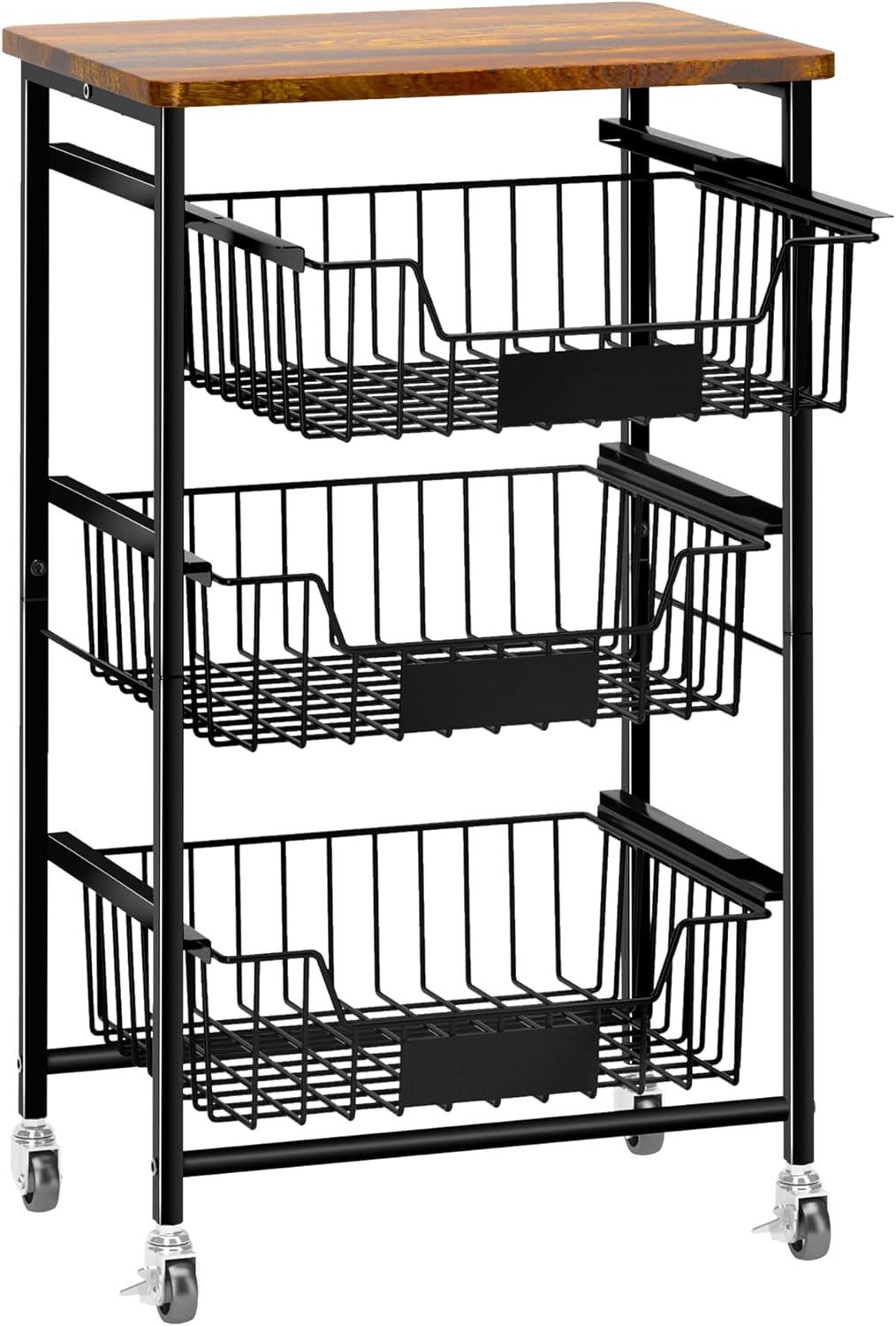 4-Tier Black Metal and Wood Kitchen Storage Cart with Pull-Out Baskets