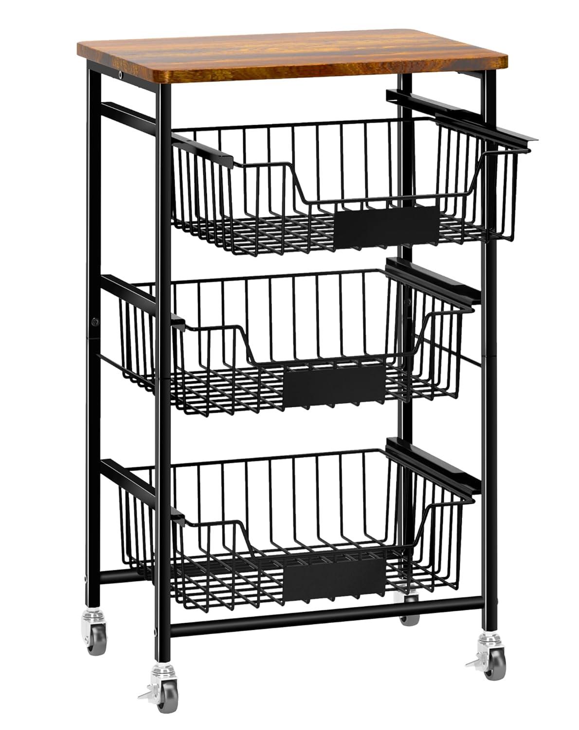 Small Kitchen Storage Cart On Wheels, Metal Fruit Basket Stand With Pull-Out Baskets & Wood Top For Potato Onion Produce Snack Veggies,(4-Tier /Black+ Rustic Board)