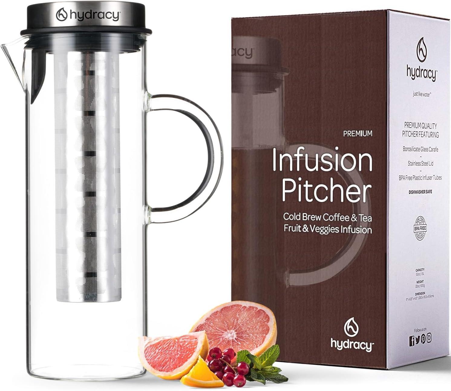 MODERN WALLS LLC B07WS8D4KF Cold Brew Coffee Maker - Large Glass Infusion Pitcher 1.6 Quarts 52Oz - Iced Coffee & Iced Tea Pitcher With Stainless Steel Lid & Fruit Infusion Tube - Perfect For Home Or Office