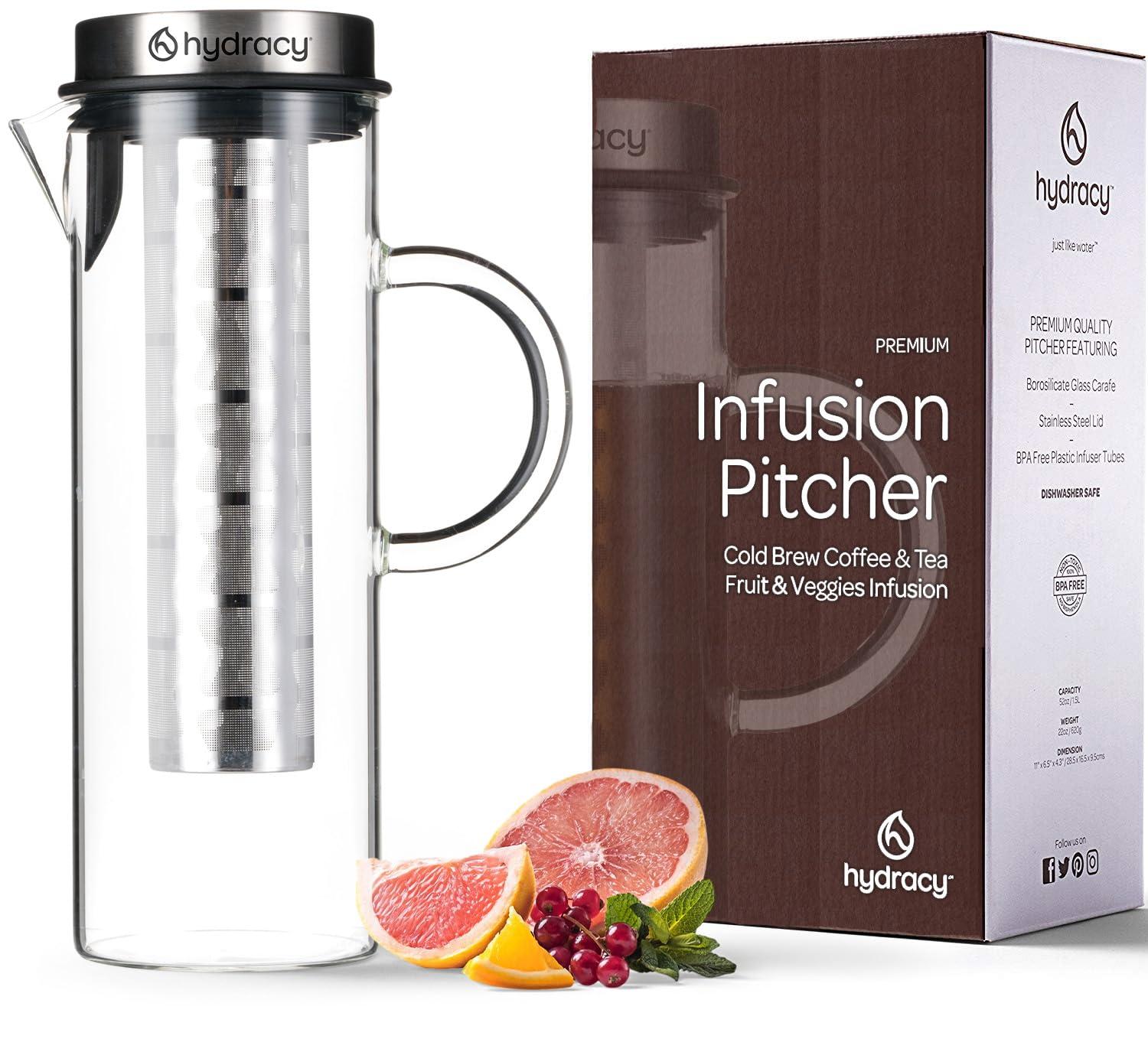 MODERN WALLS LLC B07WS8D4KF Cold Brew Coffee Maker - Large Glass Infusion Pitcher 1.6 Quarts 52Oz - Iced Coffee & Iced Tea Pitcher With Stainless Steel Lid & Fruit Infusion Tube - Perfect For Home Or Office