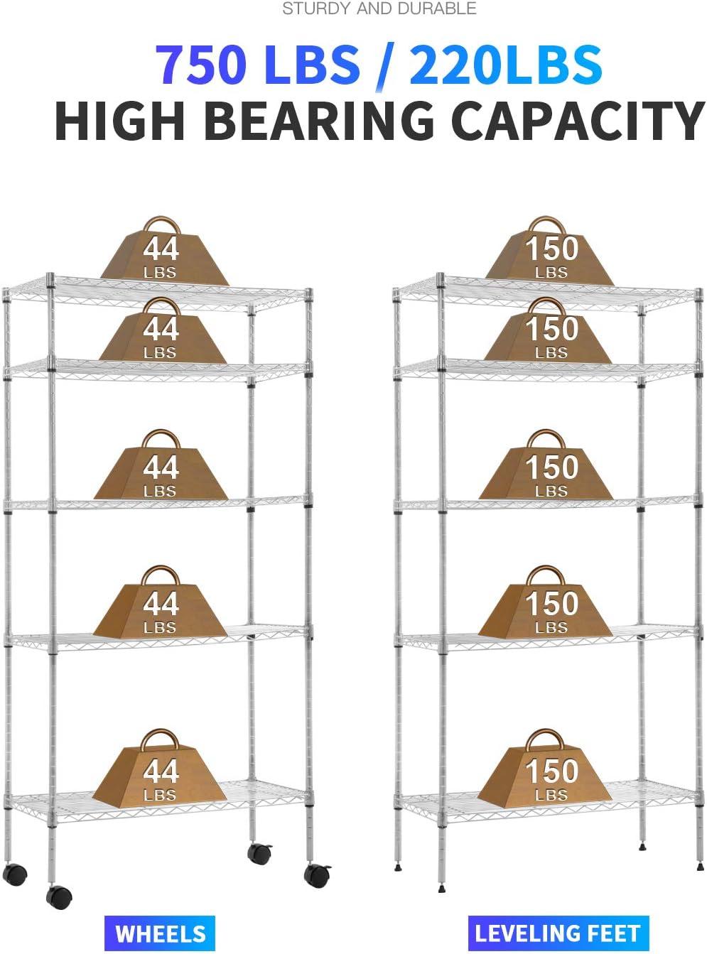 Adjustable Chrome 5-Tier Metal Wire Shelving Unit with Wheels