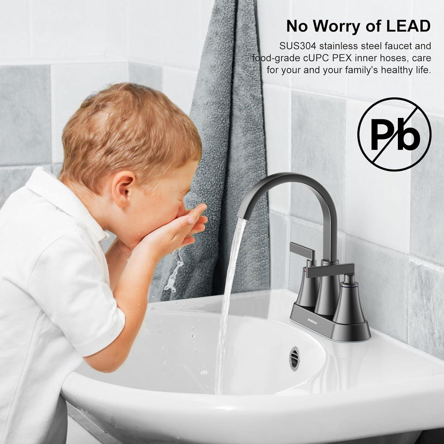 4 Inch Bathroom Faucets for Sink 3 Hole, Faucet for Bathroom Sink with Pop-up Drain & Supply Hoses, 2-Handle 360 Swivel Spout Stainless Steel Lead-Free, Centerset Faucet for Vanity Lavatory