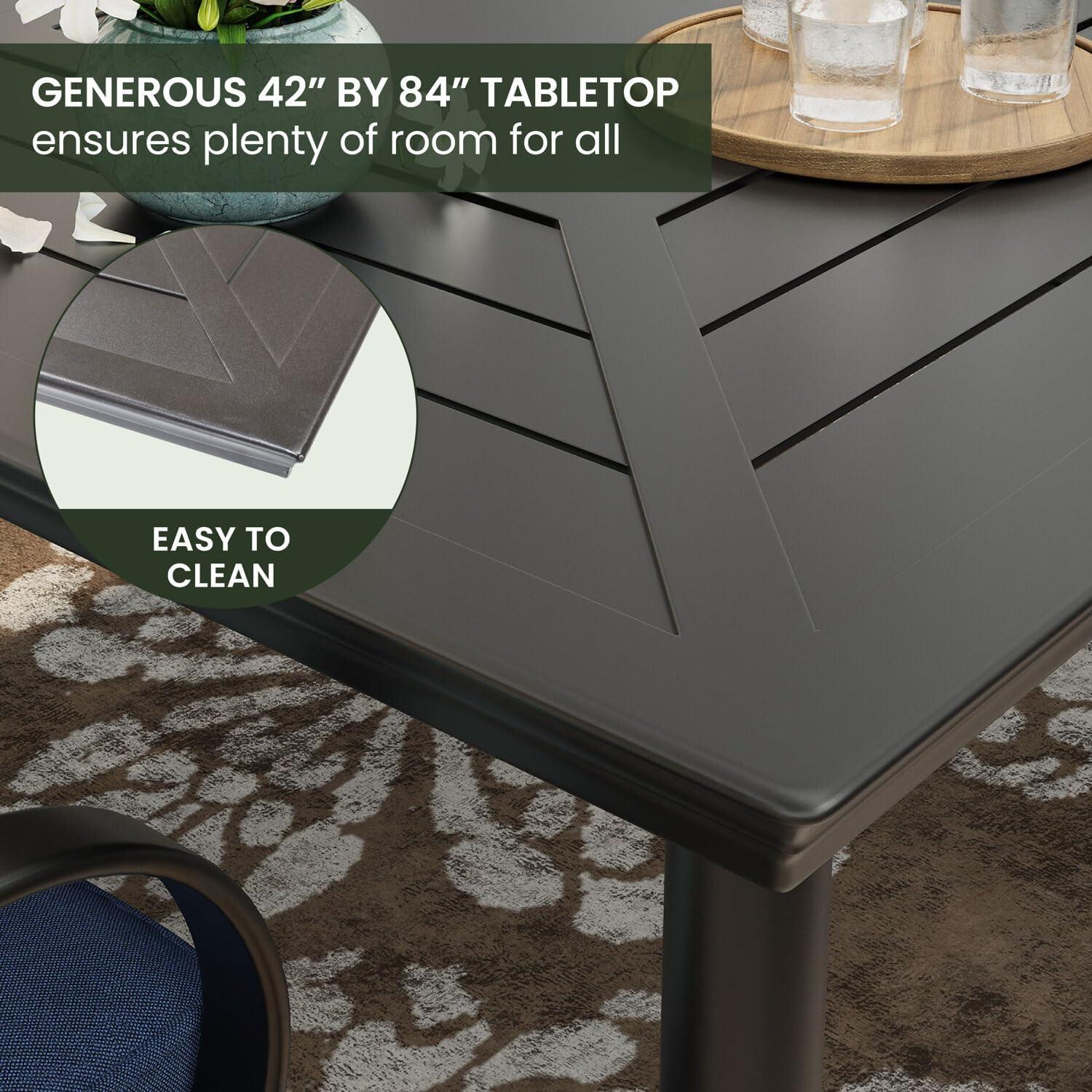 Hanover Montclair 9-Piece All-Weather Outdoor Patio Dining Set, 8 Swivel Rocker Chairs with Comfortable Seat and Lumbar Cushions, 84"x42" Stamped Rectangle Table, MCLRDN9PCSW8-NVY