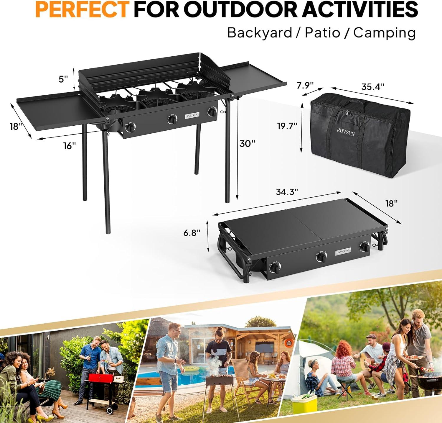 ROVSUN 3-Burner Black Cast Iron Outdoor Propane Stove with Side Shelves